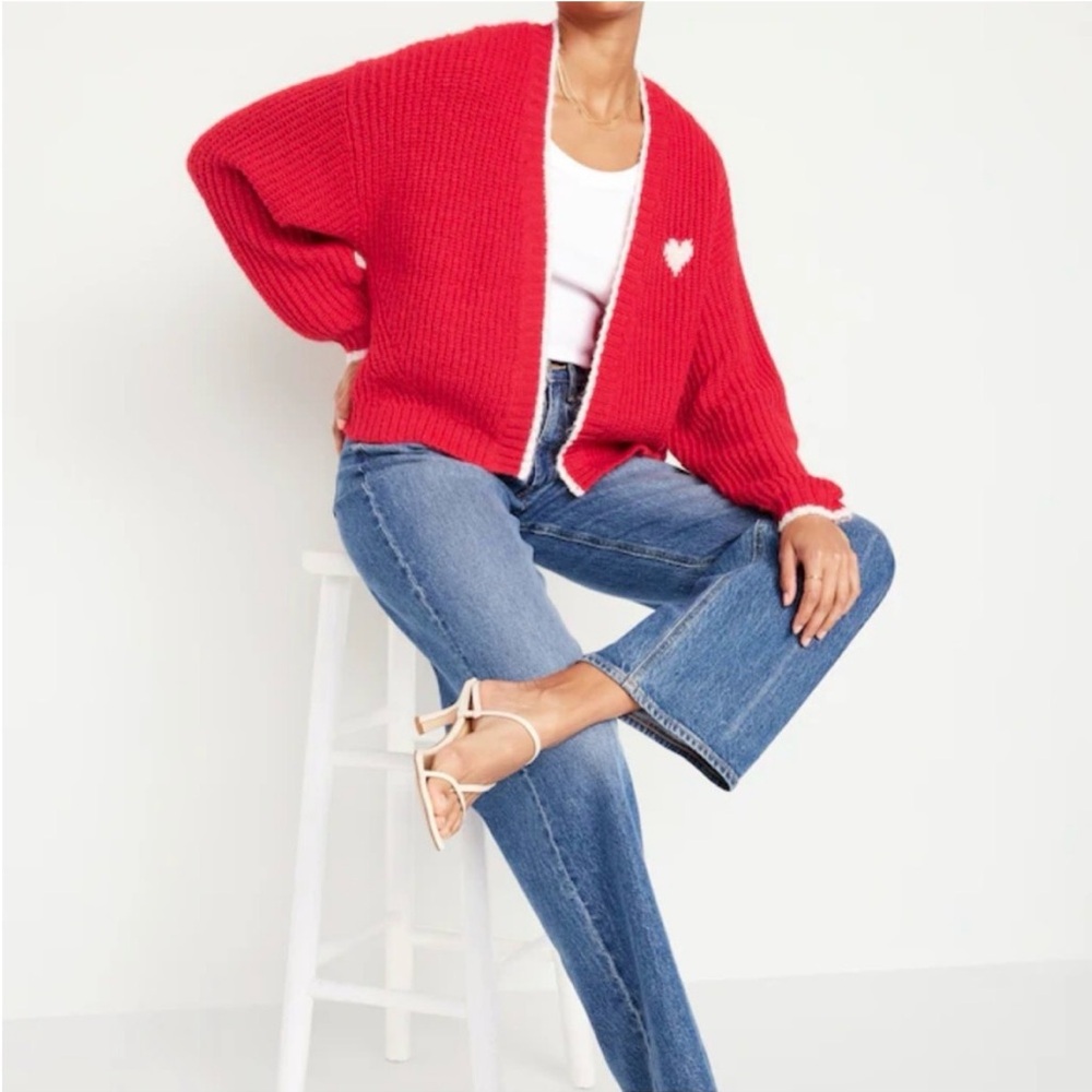 NEW Old Navy Red & White Heart Cardigan Sweater Preppy Varsity - Size Medium